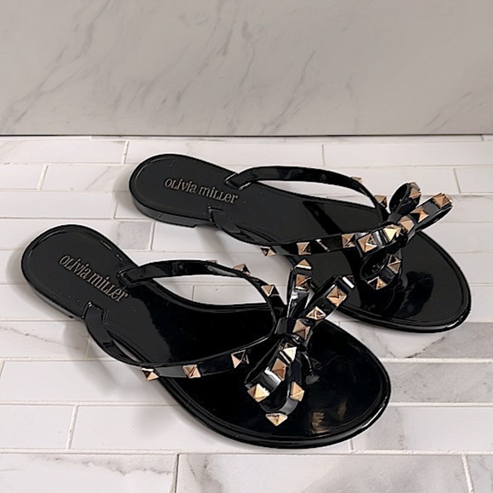 Olivia Miller Black Gold Studded Bow Jelly Flip Flops Size 37